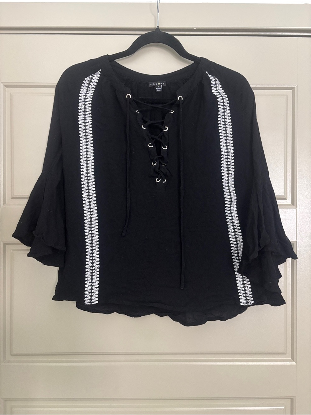 Women's Black Lace-Up Boho Blouse with White Embroidered Stripes